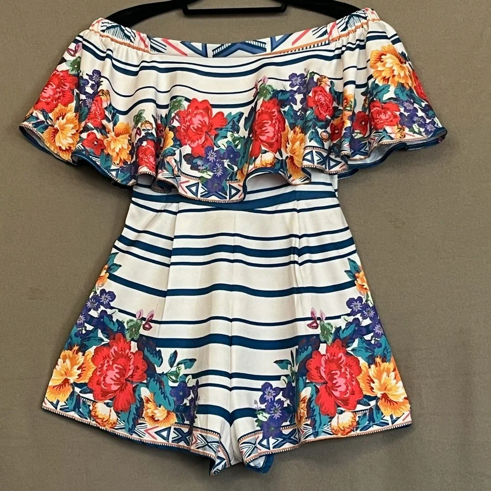 Flying Tomato Floral Romper Shorts‎ 1 piece Off Shoulder Striped Summer Outfit S